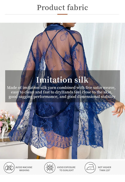 Bridal Silk Satin Robe Set - Lace Nightgown and Bathrobe - Bascora