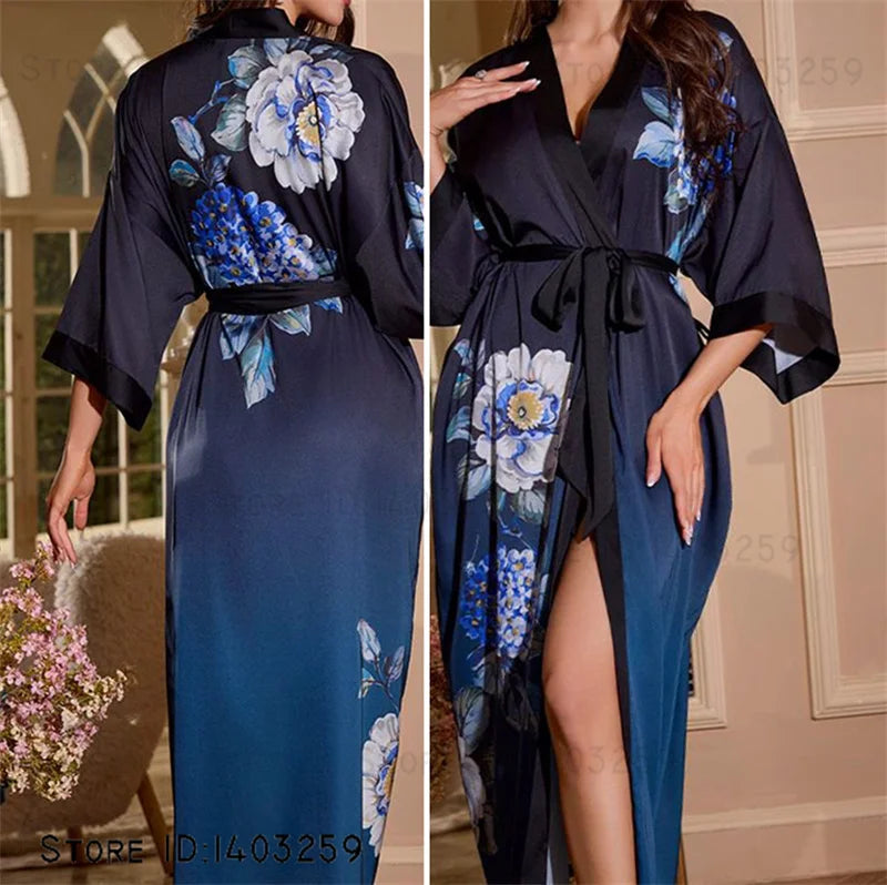 Plus Size Floral Kimono Robe - Silk Satin Loungewear