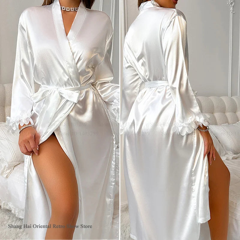 2-Piece Lace Kimono Robe Set - Silk Satin Nightgown