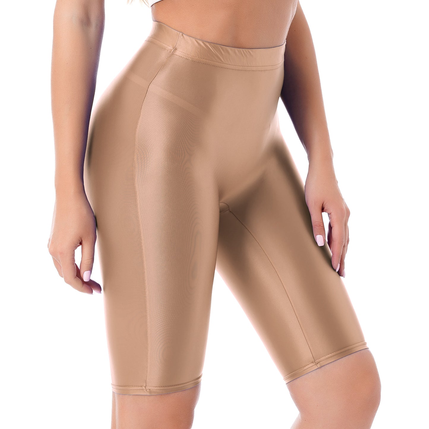 Women's High Waist Swim Shorts - Glossy Athletic Leggings Swimwear