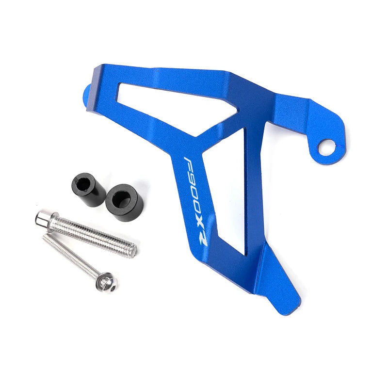 Blue metal bracket with screws on a white background