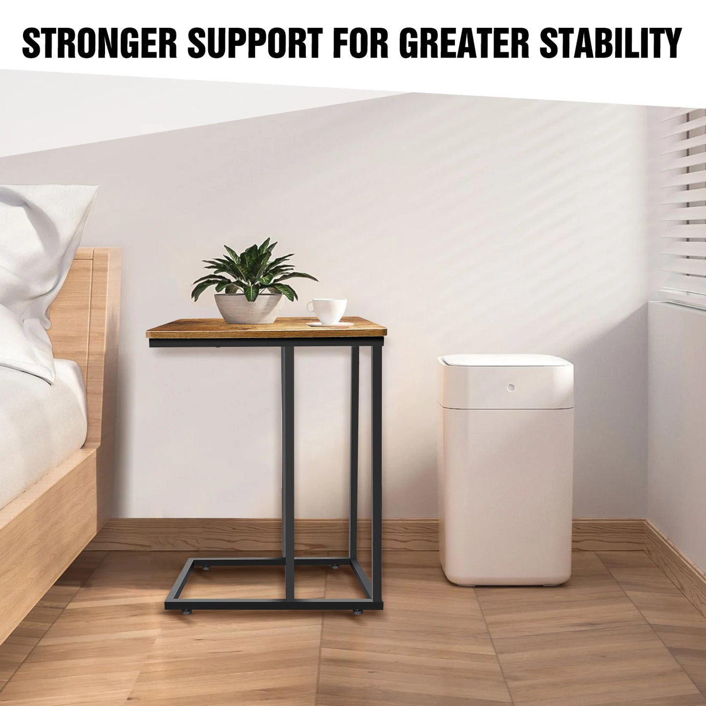 Mesa auxiliar en forma de C - Mesa auxiliar para sofá con estructura de madera y metal