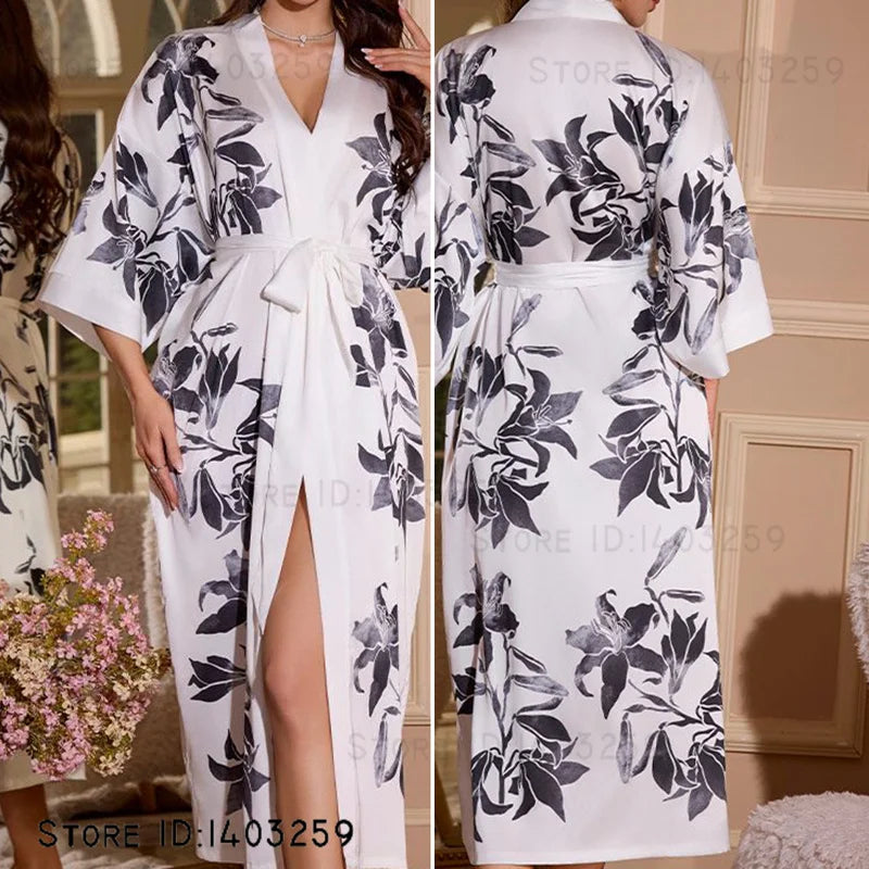 Plus Size Floral Kimono Robe - Silk Satin Loungewear