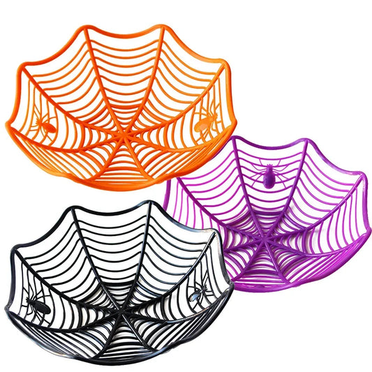 Three spider web-shaped bowls in orange, black, and purple on a white background