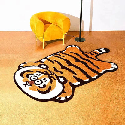 Tiger-shaped rug on a wooden floor with a yellow chair in the background