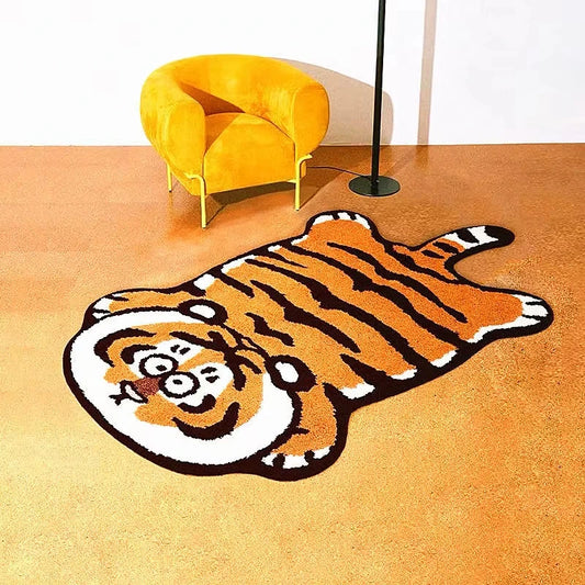 Tiger-shaped rug on a wooden floor with a yellow chair in the background