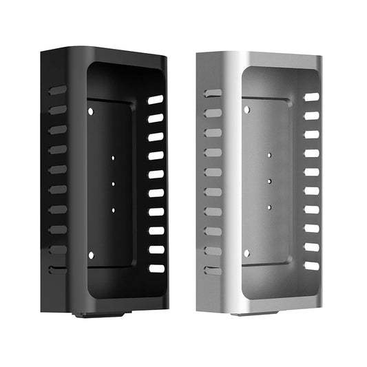 Black and silver wall-mounted shelves on a white background