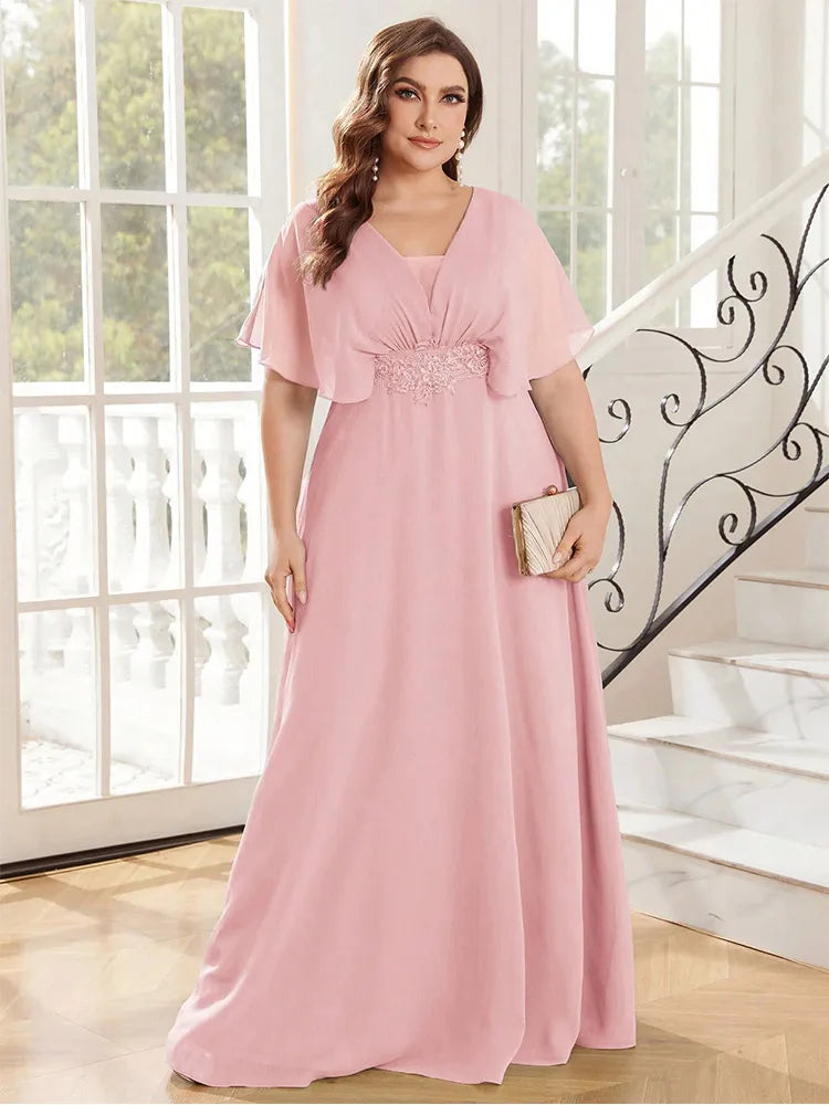 Plus Size Chiffon Evening Dress - V-Neck Bridesmaid Gown