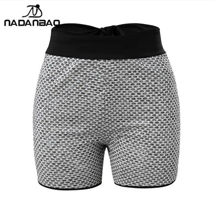 Checkered High Waist Yoga Shorts - Honeycomb Fitness Shorts with Bow - Bascora