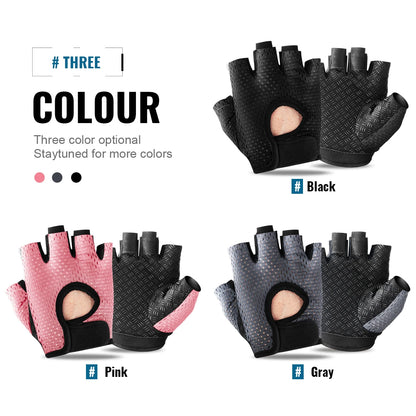Three pairs of gloves in black, pink, and gray on a white background.