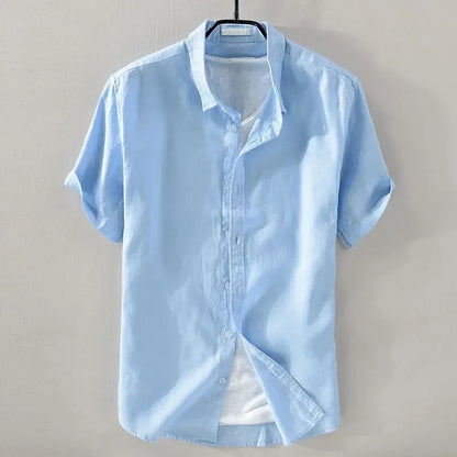 Men's Short Sleeve Linen Shirt - Casual Retro Style - Bascora