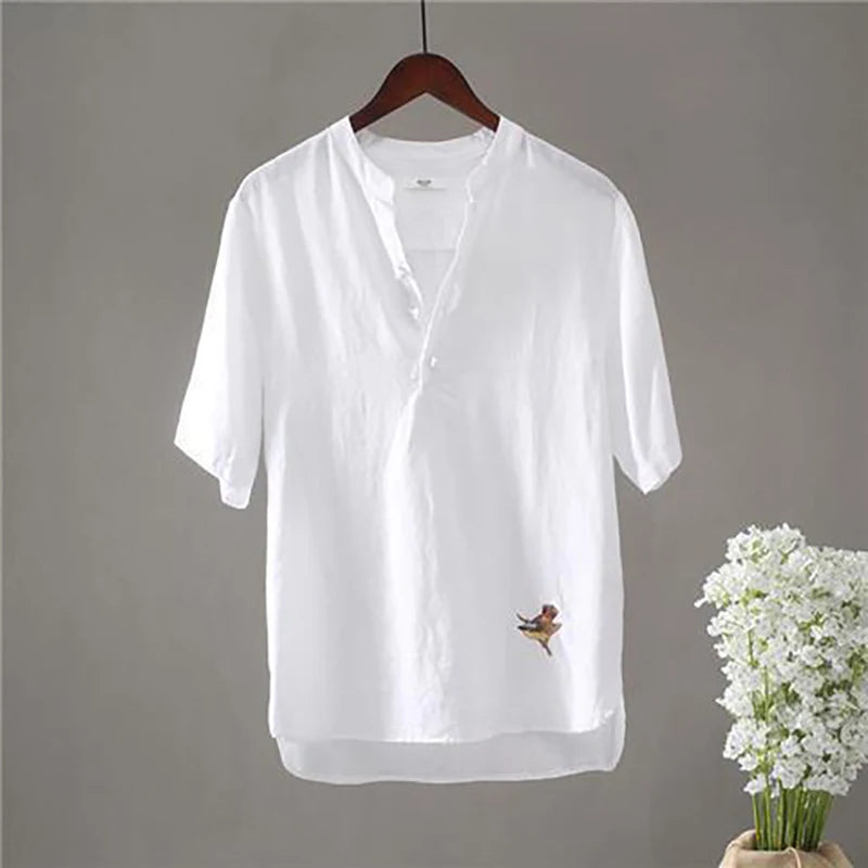 Men's Linen Bird Embroidery T-Shirt - V-Neck Street Fashion