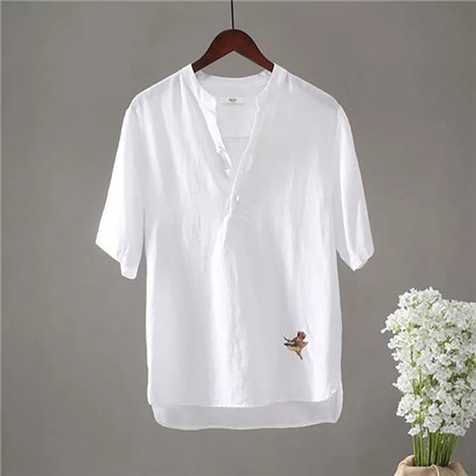 Men's Linen Bird Embroidery T-Shirt - V-Neck Street Fashion