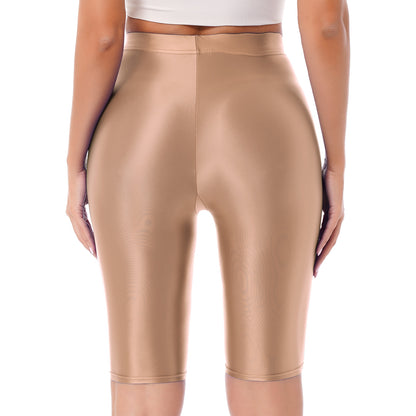 Women's High Waist Swim Shorts - Glossy Athletic Leggings Swimwear - Bascora