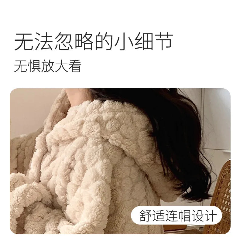 Winter Hooded Fleece Robe - Warm Pocket Nightgown