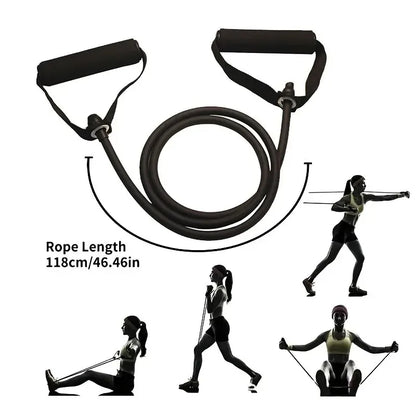 Resistance band with illustrations of usage and rope length details on a white background
