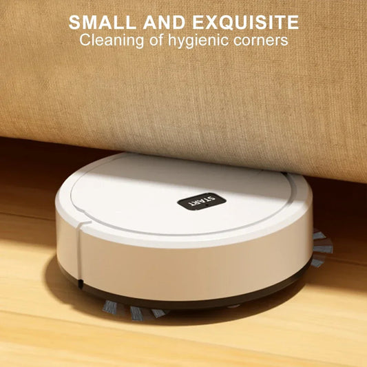 Robotic vacuum cleaner cleaning under a piece of furniture.