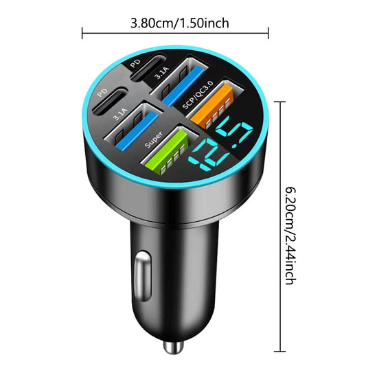 Fast Charging USB Type-C Car Charger - 6 Ports - Digital Display