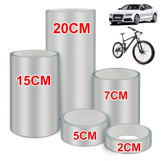 Set of metallic tape rolls with measurements and examples of use on a white background