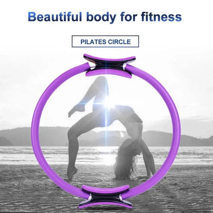 Purple Pilates circle with a person exercising on a beach in the background