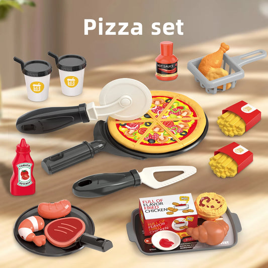Toy pizza set with various food items and utensils on a wooden surface.