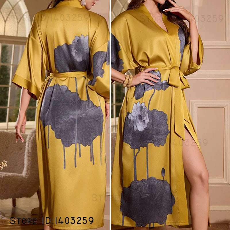 Plus Size Floral Kimono Robe - Silk Satin Loungewear