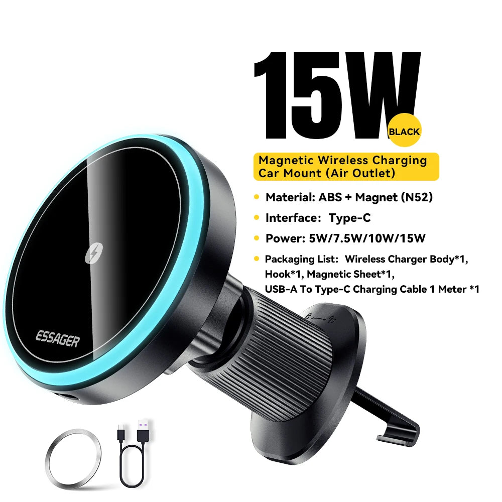 Essager Magnetic Wireless Charger 15W - RGB Car Mount