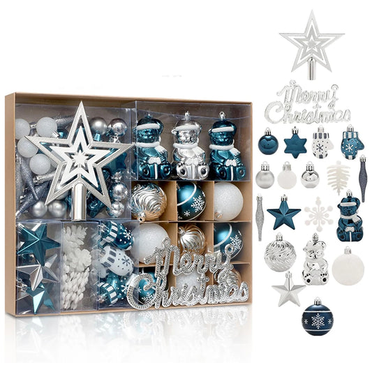 Assorted Christmas ornaments in a box with decorative items on a white background