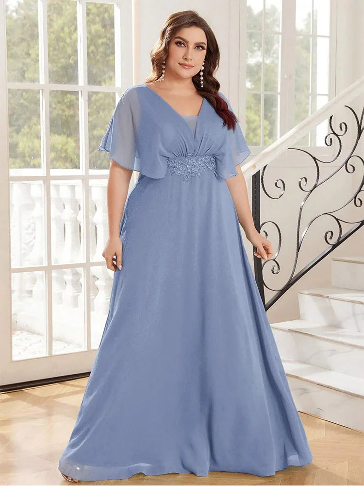 Plus Size Chiffon Evening Dress - V-Neck Bridesmaid Gown
