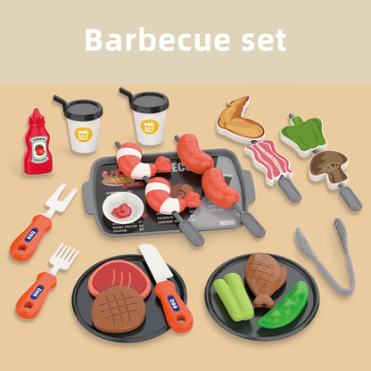 Toy barbecue set with various food items and utensils on a beige background