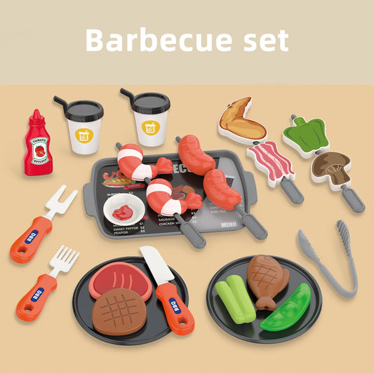 Toy barbecue set with various food items and utensils on a beige background