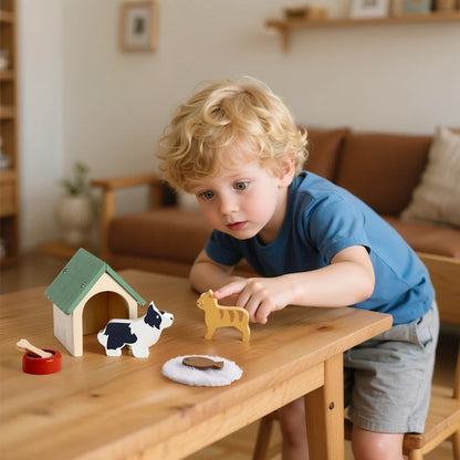 Child playing with toy animals on a wooden table in a cozy living room.
