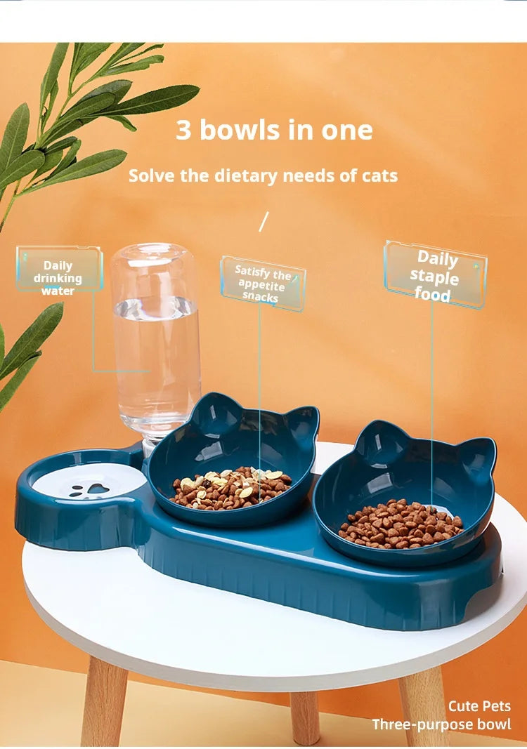Ensemble de gamelles inclinées 3 en 1 pour animaux de compagnie : distributeur d'eau par gravité avec protection du cou