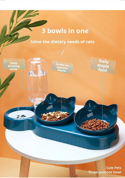 3-in-1 Tilted Pet Bowl Set - Gravity Water Feeder with Neck Protection - Bascora