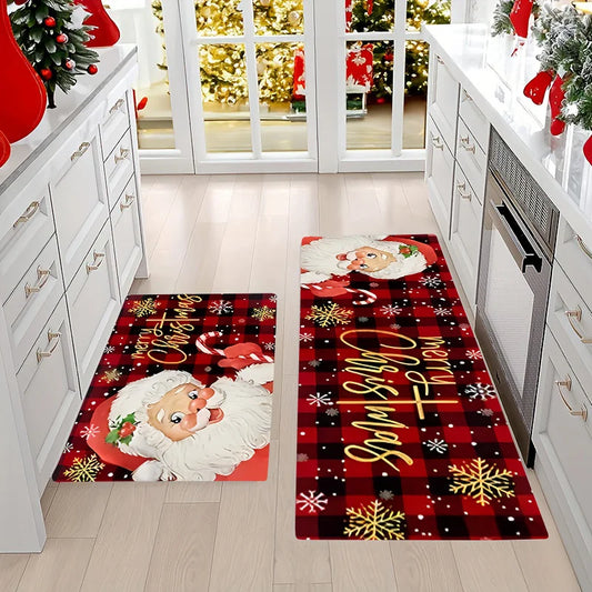 Two Christmas-themed rugs with Santa Claus designs on a kitchen floor.
