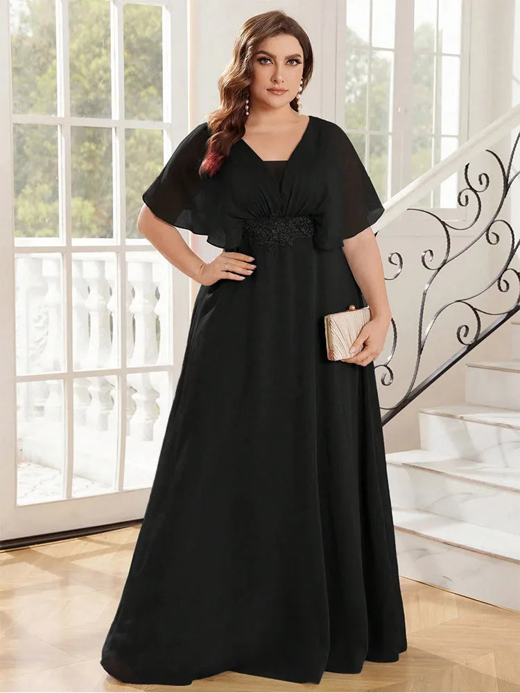 Plus Size Chiffon Evening Dress - V-Neck Bridesmaid Gown