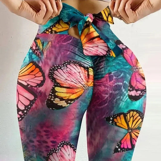Women's High Waist Butterfly Print Yoga Pants - Bow Bandage Tights