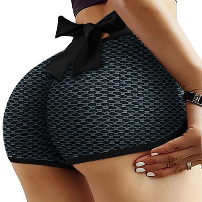 Checkered High Waist Yoga Shorts - Honeycomb Fitness Shorts with Bow - Bascora