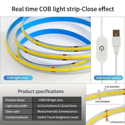 COB LED Strip Touch Dimmer - 5V USB Flexible Light Tape - Bascora