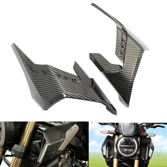 Carbon fiber motorcycle fairing on a white background with inset images of a motorcycle.