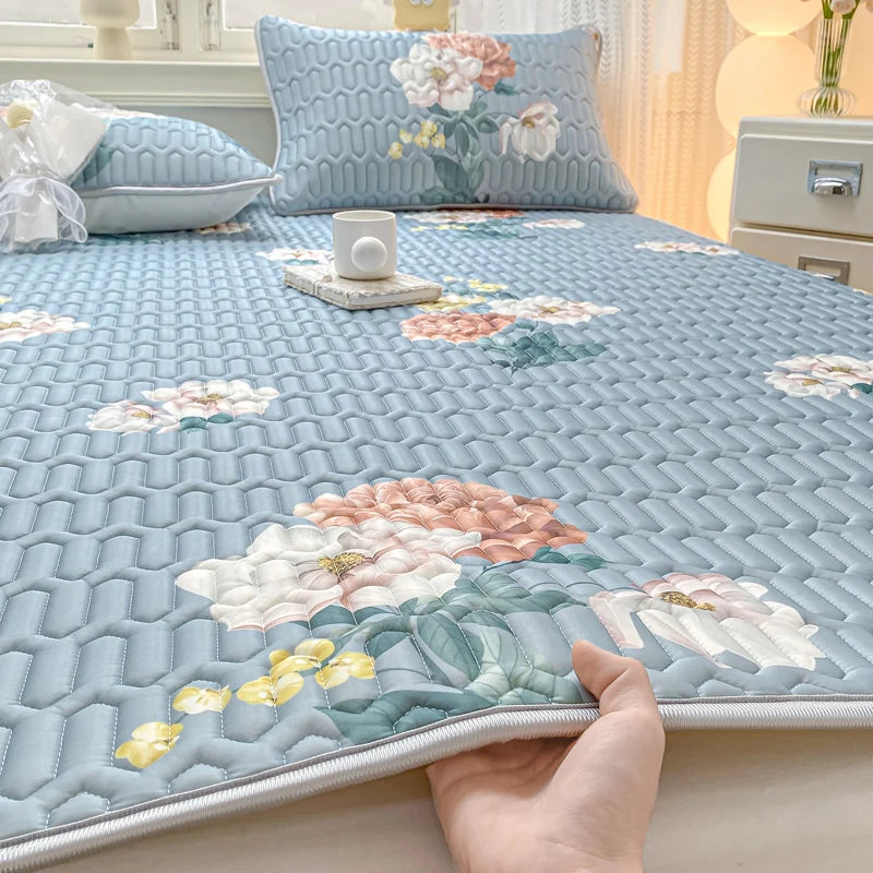 Tapis rafraîchissant d'été pour lit - Imprimé floral bleu