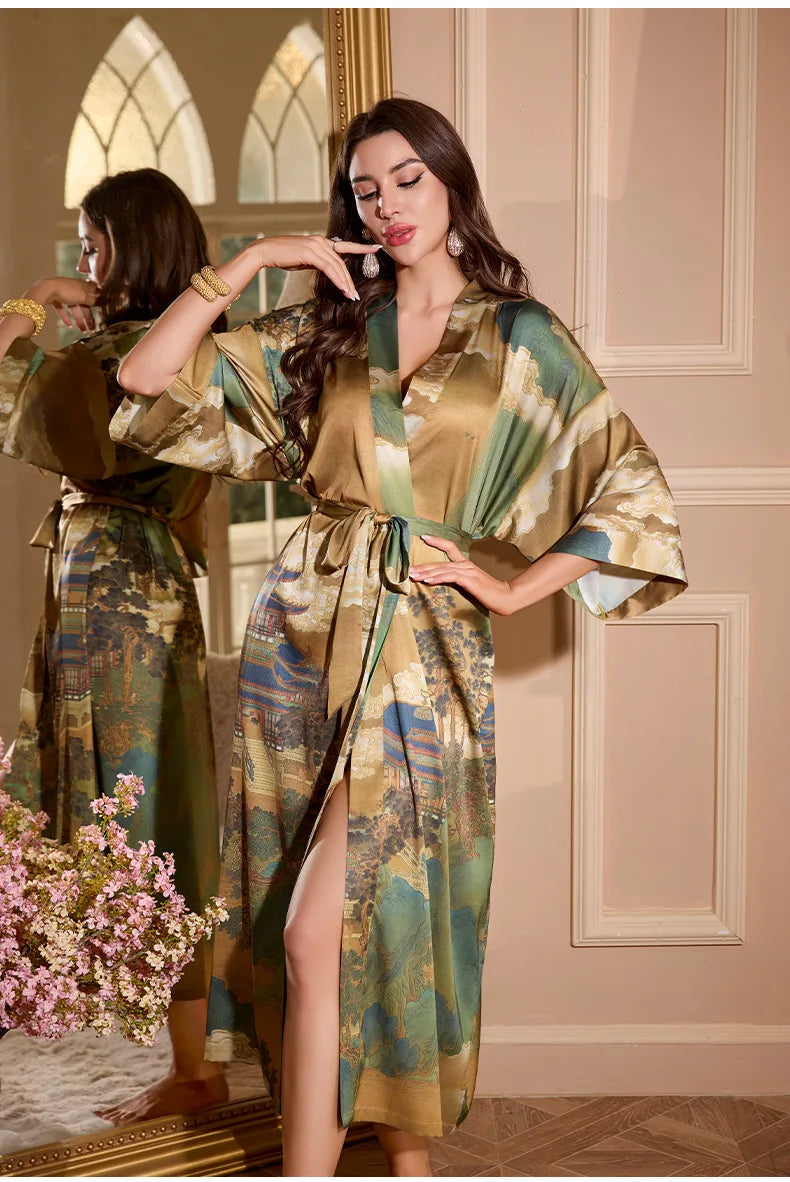 Plus Size Floral Kimono Robe - Silk Satin Loungewear