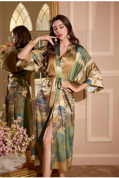 Plus Size Floral Kimono Robe - Silk Satin Loungewear - Bascora
