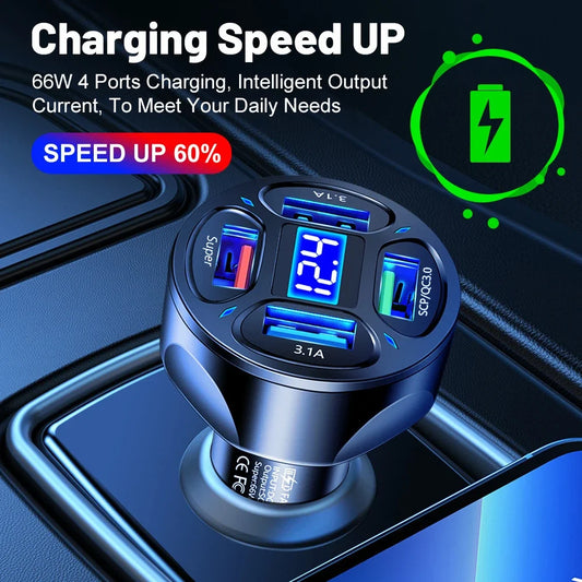 Fast Charging Car Charger - 4 USB Ports, 3.1A, LED Display
