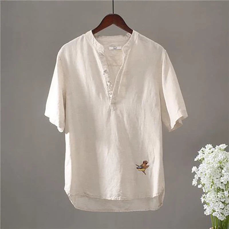Men's Linen Bird Embroidery T-Shirt - V-Neck Street Fashion