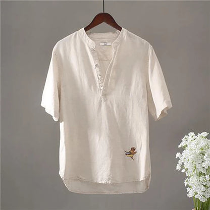 Men's Linen Bird Embroidery T-Shirt - V-Neck Street Fashion - Bascora