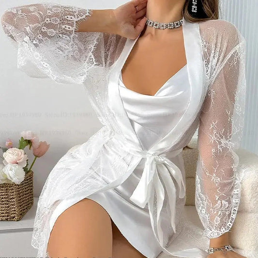 White lace robe worn by a person with a neutral background