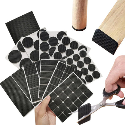 Black adhesive rubber pads with a sheet, scissors, and hands on a white background
