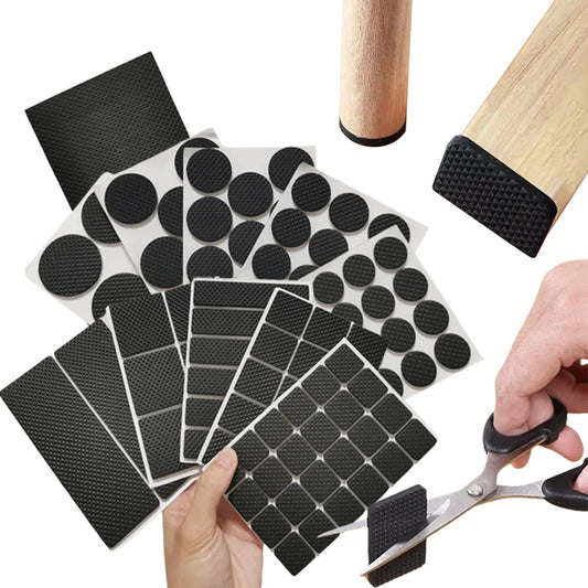 Black adhesive rubber pads with a sheet, scissors, and hands on a white background