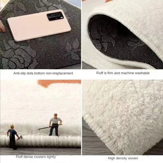 Collage of a fluffy white rug with text describing its features.